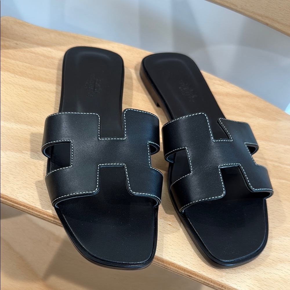 Black Leather Slide Sandals
